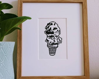 Ice Cream Cone original handmade 5x7 linocut print unframed, black ink on cream cardstock. Ice cream art, ice cream print, kitchen art, 5x7