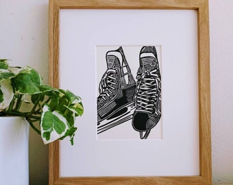 Hockey Skates original handmade 5x7 linocut print, black ink on cream cardstock. Gallery wall art, sports art, hockey art, winter art, 5x7.