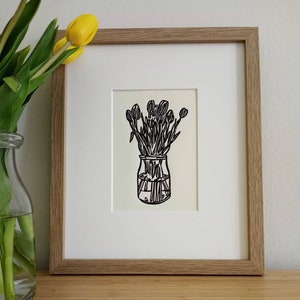 Tulips original 5x7 handcarved and handprinted unframed linocut print, on cream cardstock Flower art, tulip art, gallery wall art. image 1