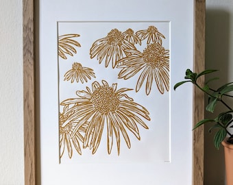 Impresión linográfica original de Coneflowers, hecha a mano, de 8 x 10 pulgadas, tinta ocre amarilla sobre cartulina color crema, sin marco.