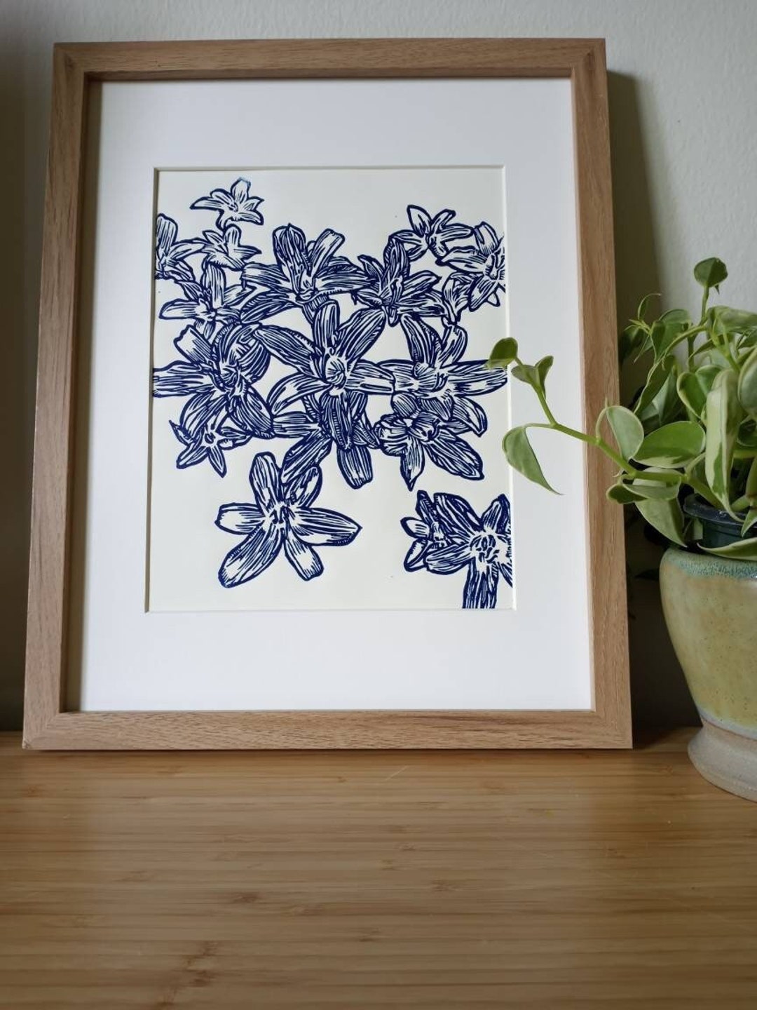 Marigold Flowers Linoleum Block Print Hand Printed on 5x7 Paper 