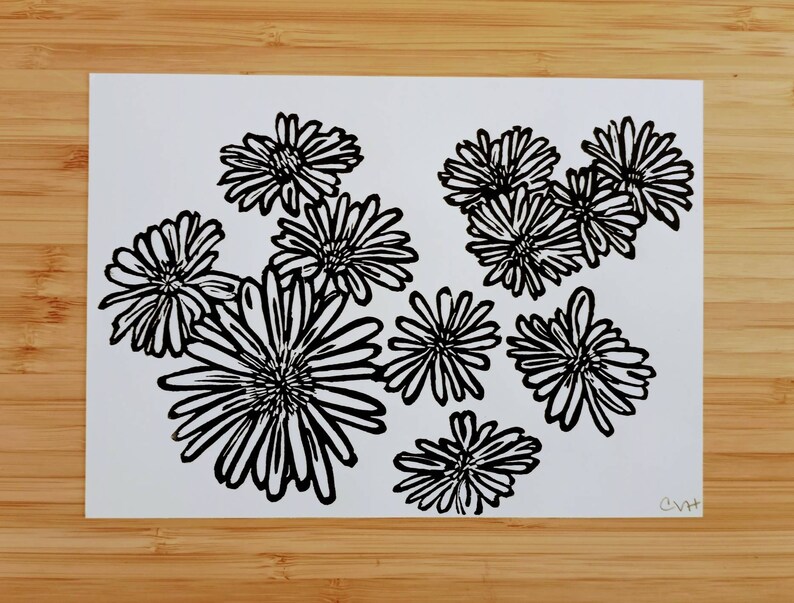 Daisies original handmade 5x7 linocut print, unframed, black ink on cream cardstock. 5x7 art, gallery wall art, daisies art, flower art, 5x7 image 3