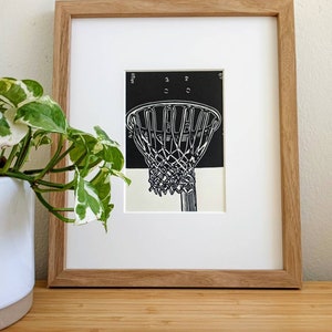 Basketball Hoop original 5x7 linocut print, unframed, black in on on cream cardstock. Basketball art, basketball print, sports art, 5x7 art image 1