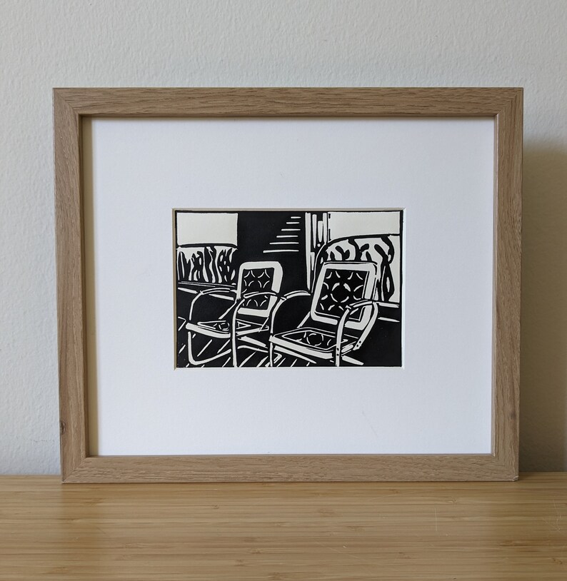 Porch Chairs original 5x7 handmade linocut unframed print, black ink on cream cardstock, wall art, art print, wedding gift, anniversary gift image 5