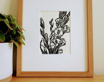 Gladiolus 5x7 original handmade linocut print, unframed, black ink on cream cardstock. Flower art, gallery wall, 5x7 art, flower art print.