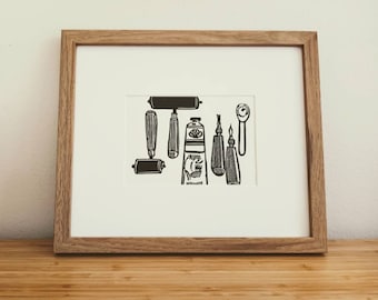 Printmaking Tools original 5x7 handmade linocut print, unframed, black ink on cream cardstock. Gallery wall art, linocut print, linocut art