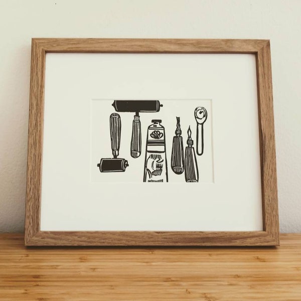 Printmaking Tools original 5x7 handmade linocut print, unframed, black ink on cream cardstock. Gallery wall art, linocut print, linocut art