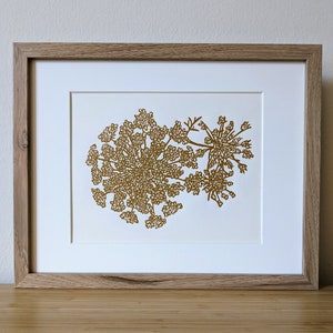 Queen Anne's Lace original handmade 8x10 unframed linocut print, yellow ochre ink on cream cardstock. Flower art, 8x10 wall art, 8x10 print image 4