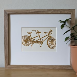 Tandem Bicycle original 5x7 handmade linocut print, unframed, yellow ochre ink (deep mustard) on cream cardstock. 5x7 art, gallery wall art.