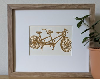 Handmade Tandem Bicycle Linocut Print, Yellow Ochre Ink, 5x7 Unframed Art