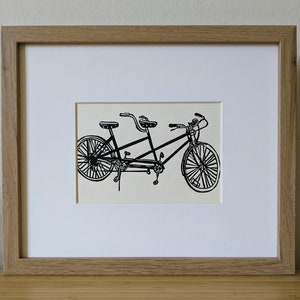 Tandem Bicycle original 5x7 handmade linocut print, unframed, black ink on cream cardstock. Wedding gift, anniversary gift,, bicycle art. image 6