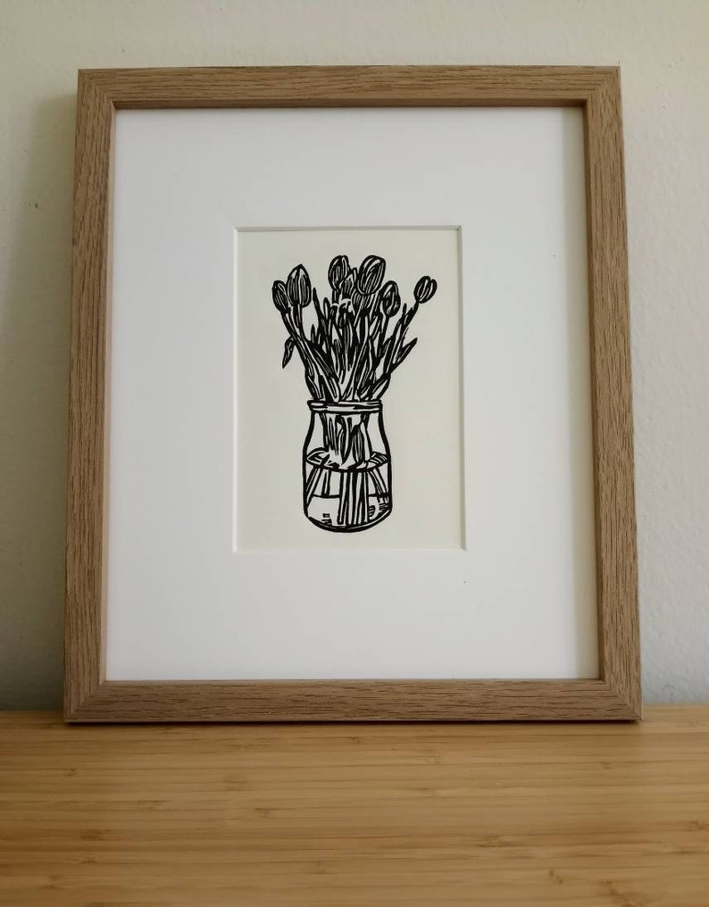 Tulips original 5x7 handcarved and handprinted unframed linocut print, on cream cardstock Flower art, tulip art, gallery wall art. image 6