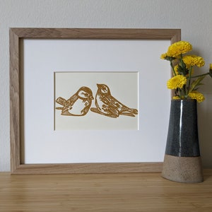 Pair of Birds original handmade 5x7 linocut print, unframed, yellow ochre (deep mustard) ink on cream cardstock. 5x7 art, gallery wall art.