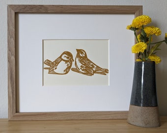 Pair of Birds original handmade 5x7 linocut print, unframed, yellow ochre (deep mustard) ink on cream cardstock. 5x7 art, gallery wall art.