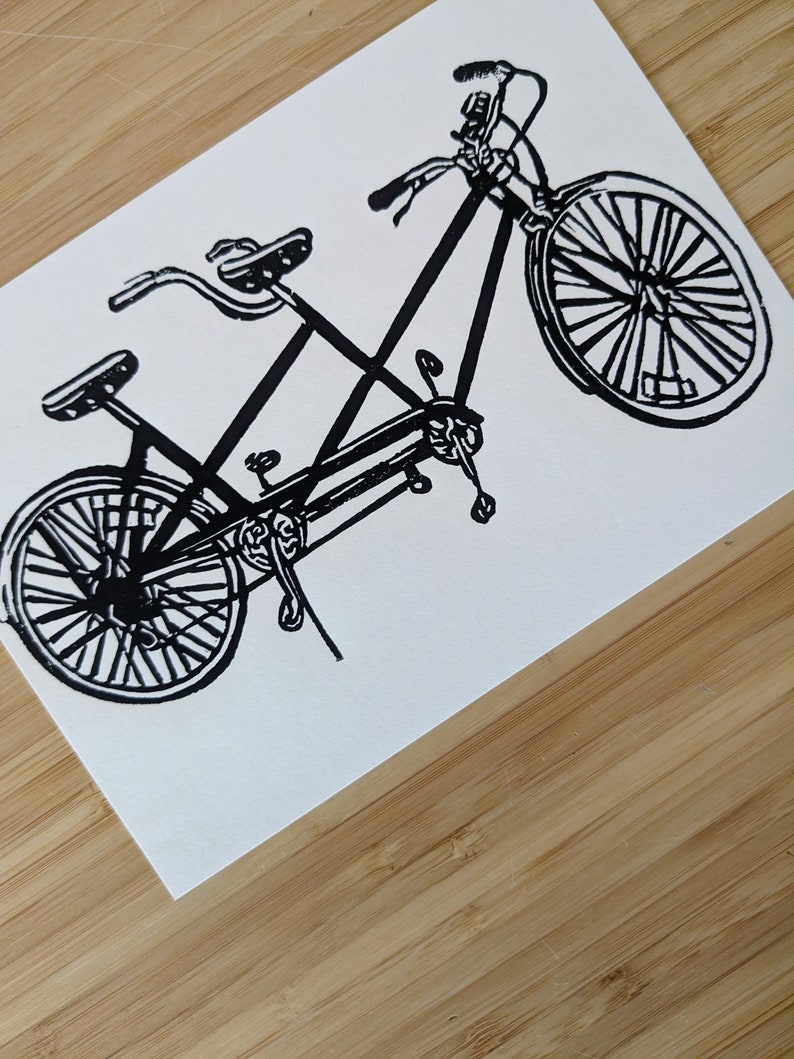 Tandem Bicycle original 5x7 handmade linocut print, unframed, black ink on cream cardstock. Wedding gift, anniversary gift,, bicycle art. image 4