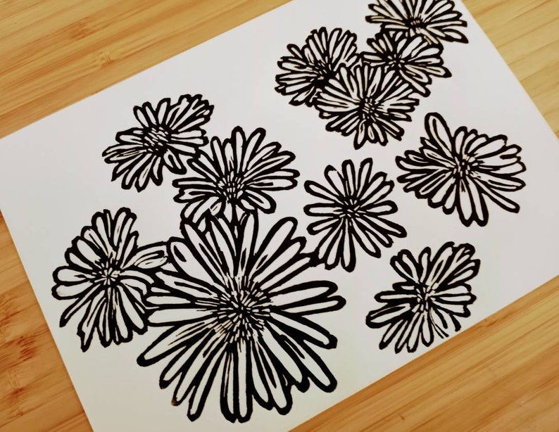 Daisies original handmade 5x7 linocut print, unframed, black ink on cream cardstock. 5x7 art, gallery wall art, daisies art, flower art, 5x7 image 4