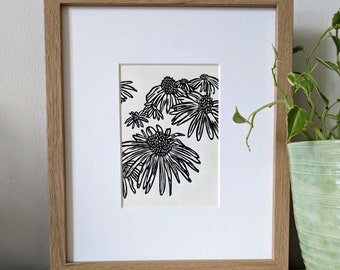 Coneflowers original 5x7 handcarved and handprinted unframed linocut print, black ink on cream cardstock.  Gallery wall art, flower art, 5x7