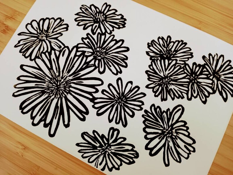 Daisies original handmade 5x7 linocut print, unframed, black ink on cream cardstock. 5x7 art, gallery wall art, daisies art, flower art, 5x7 image 5