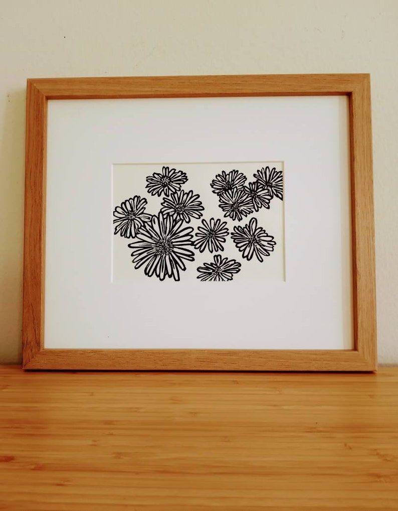 Daisies original handmade 5x7 linocut print, unframed, black ink on cream cardstock. 5x7 art, gallery wall art, daisies art, flower art, 5x7 image 7