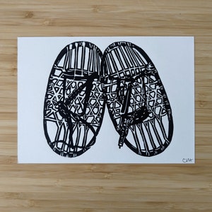 Snowshoes original 5x7 handmade linocut print, unframed, black ink on cream cardstock. Gallery wall art, linocut art, snowshoes art, winter image 2