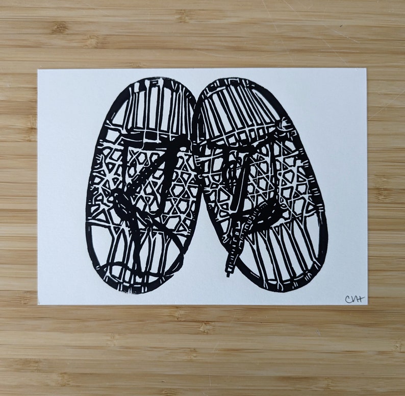 Snowshoes original 5x7 handmade linocut print, unframed, black ink on cream cardstock. Gallery wall art, linocut art, snowshoes art, winter image 2