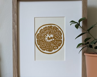 Grapefruit original 5x7 handmade linocut print, unframed, yellow ochre (deep mustard) ink on cream cardstock. 5x7 art, 5x7 print, gallery.