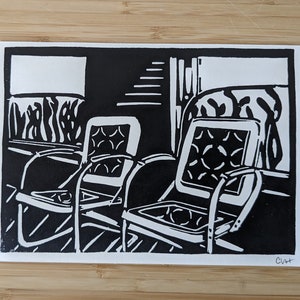 Porch Chairs original 5x7 handmade linocut unframed print, black ink on cream cardstock, wall art, art print, wedding gift, anniversary gift image 2