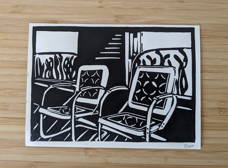 Porch Chairs original 5x7 handmade linocut unframed print, black ink on cream cardstock, wall art, art print, wedding gift, anniversary gift image 2