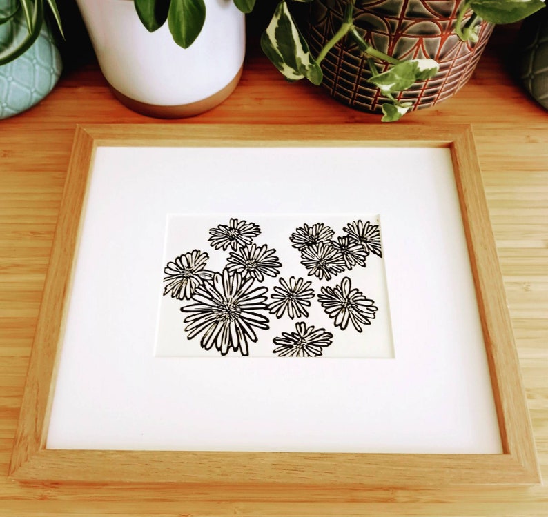 Daisies original handmade 5x7 linocut print, unframed, black ink on cream cardstock. 5x7 art, gallery wall art, daisies art, flower art, 5x7 image 1