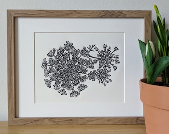 Queen Anne's Lace original handmade 8x10 unframed linocut print, black ink on cream cardstock, flower art, botanical art, 8x10 print, 8x10