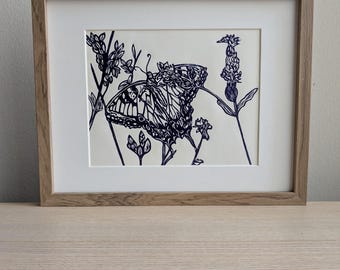Impresión linográfica original hecha a mano de cola de golondrina tigre oriental de 8 x 10 pulgadas, tinta azul, arte de mariposa, sin marco