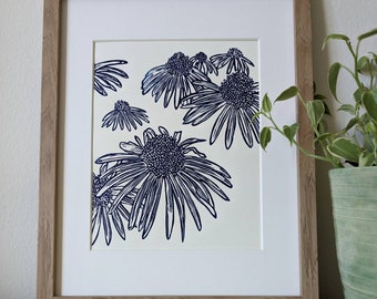 Coneflowers original handmade 8x10 unframed linocut print, blue ink on cream cardstock, plant art, plant print, wall art, linocut print