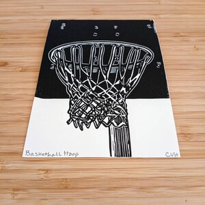 Basketball Hoop original 5x7 linocut print, unframed, black in on on cream cardstock. Basketball art, basketball print, sports art, 5x7 art image 5