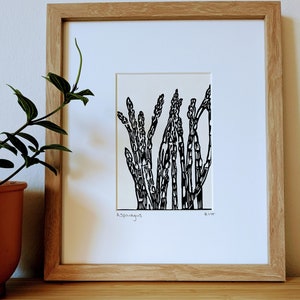 Asparagus original handmade 5x7 unframed linocut, black ink on cream cardstock. Asparagus art, vegetable art, kitchen art, gallery wall art. image 1