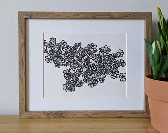 Impresión linográfica original de Wood Sorrel, hecha a mano, de 8 x 10 pulgadas, tinta negra sobre cartulina color crema, sin marco.