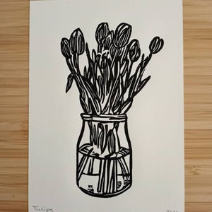 Tulips original 5x7 handcarved and handprinted unframed linocut print, on cream cardstock Flower art, tulip art, gallery wall art. image 3