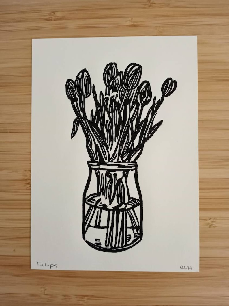 Tulips original 5x7 handcarved and handprinted unframed linocut print, on cream cardstock Flower art, tulip art, gallery wall art. image 3