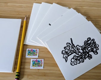 Set of 6 original hand-printed Apple Blossom blank notecards - size A2 (4.5x5.5"), includes 6 envelopes. Stationery, blank cards, note cards