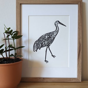 Sandhill Crane original handmade 8x10 unframed linocut print, bird art, bird print, wall art, linocut print, 8x10 linocut, 8x10 print