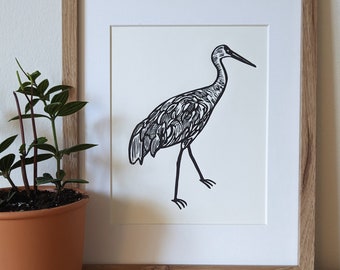 Sandhill Crane original handmade 8x10 unframed linocut print, bird art, bird print, wall art, linocut print, 8x10 linocut, 8x10 print