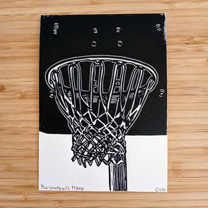 Basketball Hoop original 5x7 linocut print, unframed, black in on on cream cardstock. Basketball art, basketball print, sports art, 5x7 art image 2