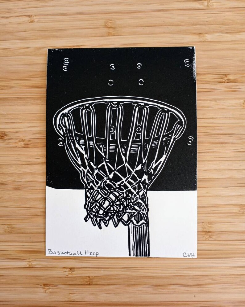 Basketball Hoop original 5x7 linocut print, unframed, black in on on cream cardstock. Basketball art, basketball print, sports art, 5x7 art image 2