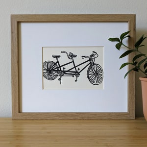 Tandem Bicycle original 5x7 handmade linocut print, unframed, black ink on cream cardstock. Wedding gift, anniversary gift,, bicycle art. image 1