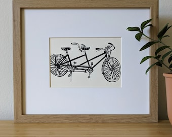 Tandem Bicycle original 5x7 handmade linocut print, unframed, black ink on cream cardstock. Wedding gift, anniversary gift,, bicycle art.