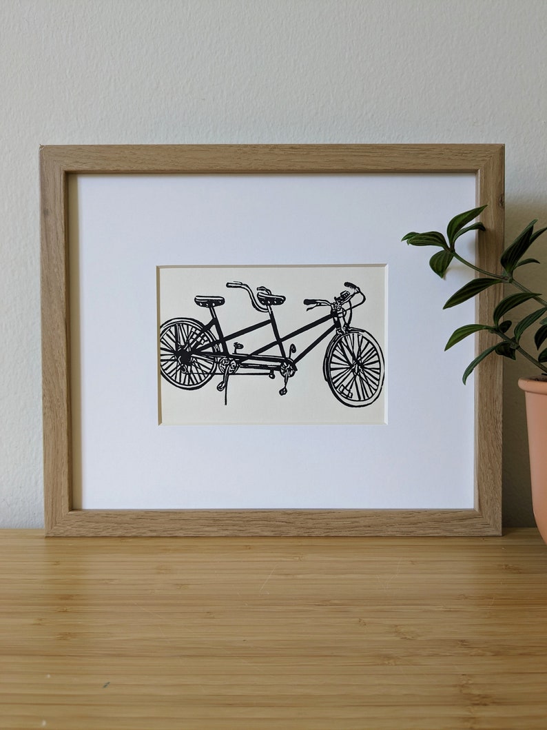 Tandem Bicycle original 5x7 handmade linocut print, unframed, black ink on cream cardstock. Wedding gift, anniversary gift,, bicycle art. image 1
