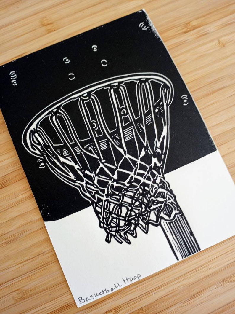 Basketball Hoop original 5x7 linocut print, unframed, black in on on cream cardstock. Basketball art, basketball print, sports art, 5x7 art image 6