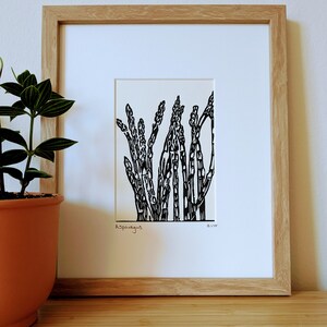 Asparagus original handmade 5x7 unframed linocut, black ink on cream cardstock. Asparagus art, vegetable art, kitchen art, gallery wall art. image 6