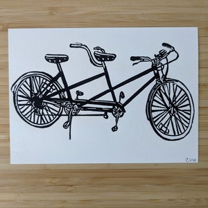 Tandem Bicycle original 5x7 handmade linocut print, unframed, black ink on cream cardstock. Wedding gift, anniversary gift,, bicycle art. image 2