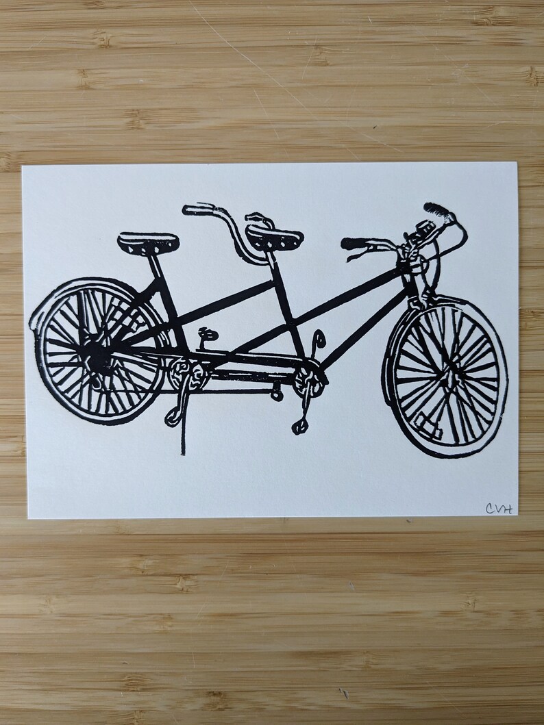 Tandem Bicycle original 5x7 handmade linocut print, unframed, black ink on cream cardstock. Wedding gift, anniversary gift,, bicycle art. image 2