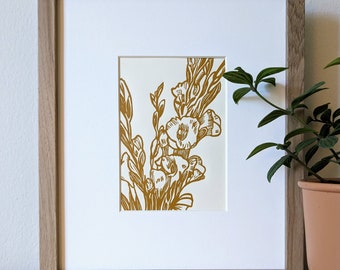 Gladiolus 5x7 original handmade linocut print, unframed, yellow ochre (deep mustard) on cream cardstock. Flower art, flower print, 5x7 art